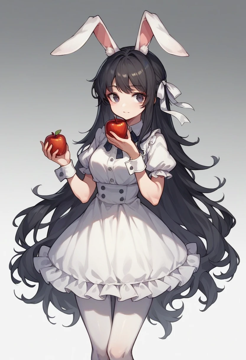 1girl,animal ears,apple,black hair,cherry,dress,food,fruit,gradient,gradient background,grey background,holding food,holding fruit,long hair,pantyhose,rabbit ears,red apple,solo,strawberry,very long hair,white legwear