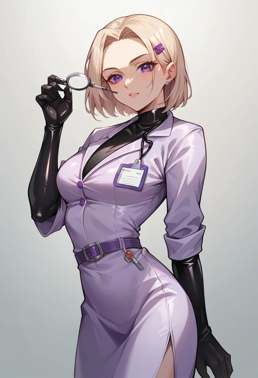 1girl, light hair, ((black elbow gloves)), ((surgical gloves)), ((latex gloves)), ((long sleeves)) ((purple surgeon outfit)), looking at viewer, ((purple doctor outfit)), standing, solo