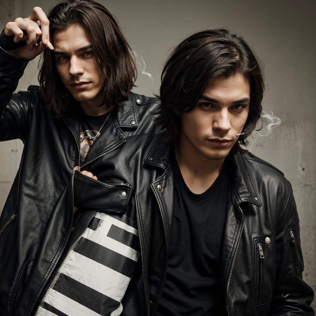 handosome male, holding cigarette, alone, chill expression, black leather jacket, metal hand sign