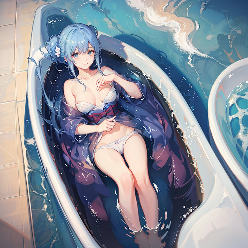 Detailed drawing。anime。Close-up。Bathing in the open-air bath。White main color、Japanese style。Blue hair updo girl。Completely naked、No bra、No underwear、White bath towel。smile。Prone