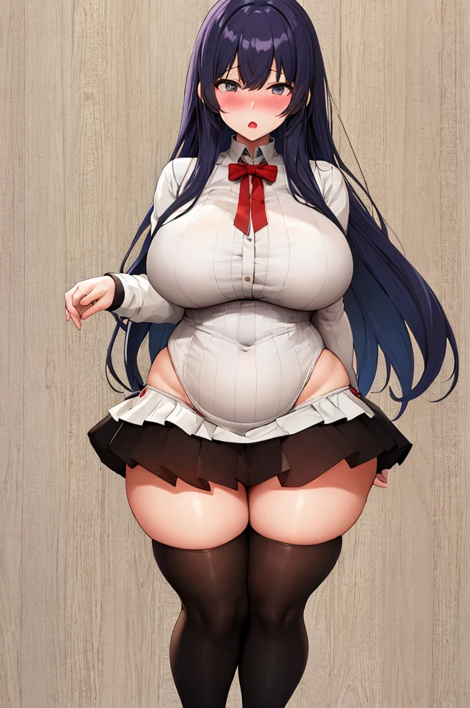 One Girl,Precise five fingers、Long Hair、Knee-high socks、Wide Hips、plump and thick thighs、Huge Ass、Large Breasts, Embarrassed look、Full Body Shot、Sexy pose、bra、panties、White background