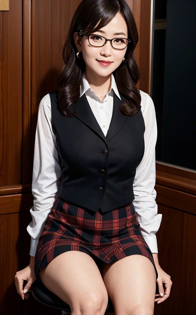 ((Best Quality, 8k, masterpiece, best quality)), (one milf, sitting office chair), ((portrait:1.5)), plaid vest, black mini skirt, thick thigh:1.2, makeup, erotic, glasses, ((seduction expression, smile:0.1)), black background,