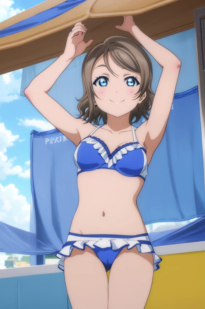(((pixel-perfect, detail-perfect))), solo, 1girl, you watanabe, eyes azzur, smile, bikini, summer beach, armpit, big filesize, ultra High Qality