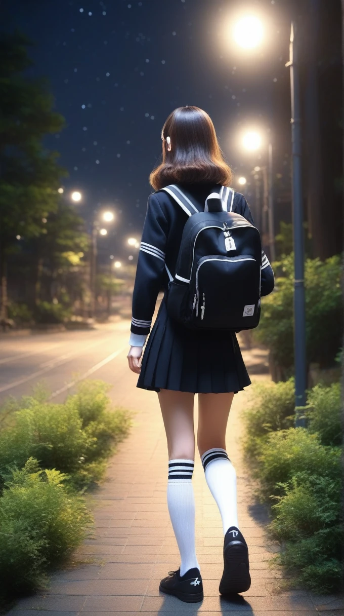 High school girls、walk、Back view、Black backpack、whole body、uniform,night、White socks