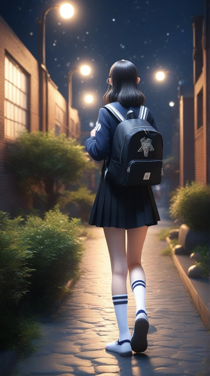 High school girls、walk、Back view、Black backpack、whole body、uniform,night、White socks