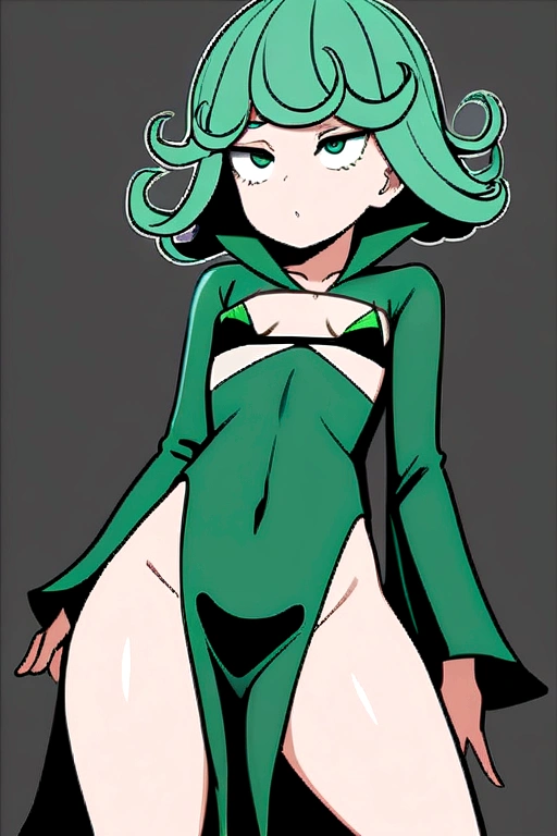 Tatsumaki, Simple Background, , Small breasts, Closed Mouth, 1 girl, Gray background, Long sleeve, Watching the audience, alone, short hair, Green fur, Thighs, Covered navel, Green Eyes, Curly Hair Micro Bikini Almost naked Spread your legs Ahegao Inviting ejaculation Bitch Squirting