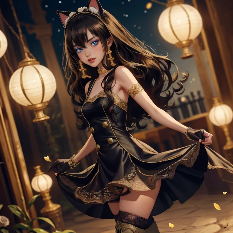 ((high quality)), ((Work of art)), (more detail), 1girl, centered, a girl with a light brown skinny, award winning upper body portrait, cowboy shot, solo, brown hair, long hair, wave hair, Egyptian aesthetic, black shirt, black skirt, blue knee boots, smiling, Egypt style, space scenery, gold lanterns, white roses, full moon,  depth of field, cinematic composition, night, white roses, smile, gothic dress, black dress, black dress with transparency, blue laces, black gloves, black high socks, blue high hills boots, gold jewelry, jewelry, space, white roses on focus, Cleo de Nilo_(monster high), Monster High, looking at the viewer, more details on the clothes, petals in the air, two arms, two legs, two hands, five fingers, space scene, 1girl, black maid dress, jewelry, brown hair, flowing hair, long hair, maid dress with a short skirt and layers, blue laces, blue boots, black dress with transparency, gold details on her clothes, cat ears, animal ears,  more details, perfectly body, perfectly hands, two hands, two legs, two arms, five fingers, glowing hair, best quality, alone, maid headdress, choker, detached sleeves, maid dress, maid black dress, strapless, masterpiece, best quality, detailed face, night, asymmetrical gloves, bangs, black short skirt , black gloves, white boots, earrings, elbow gloves, fishnet thighhighs, fish masterpiece, solo, best quality, detailed face, gloves, hair between eyes, jewelry, long hair, looking at viewer, single earring, sky, sleeveless, solo, thigh boots, thigh highs, uneven gloves, solo, alone, Looking at the viewer, More details on the clothes, white roses on her hair, space scenery, maid, maid dress, green details, white roses, maid headdress, maid apron, long hair, seat on the Saturn rings, more details on her clothes, gold details on her 