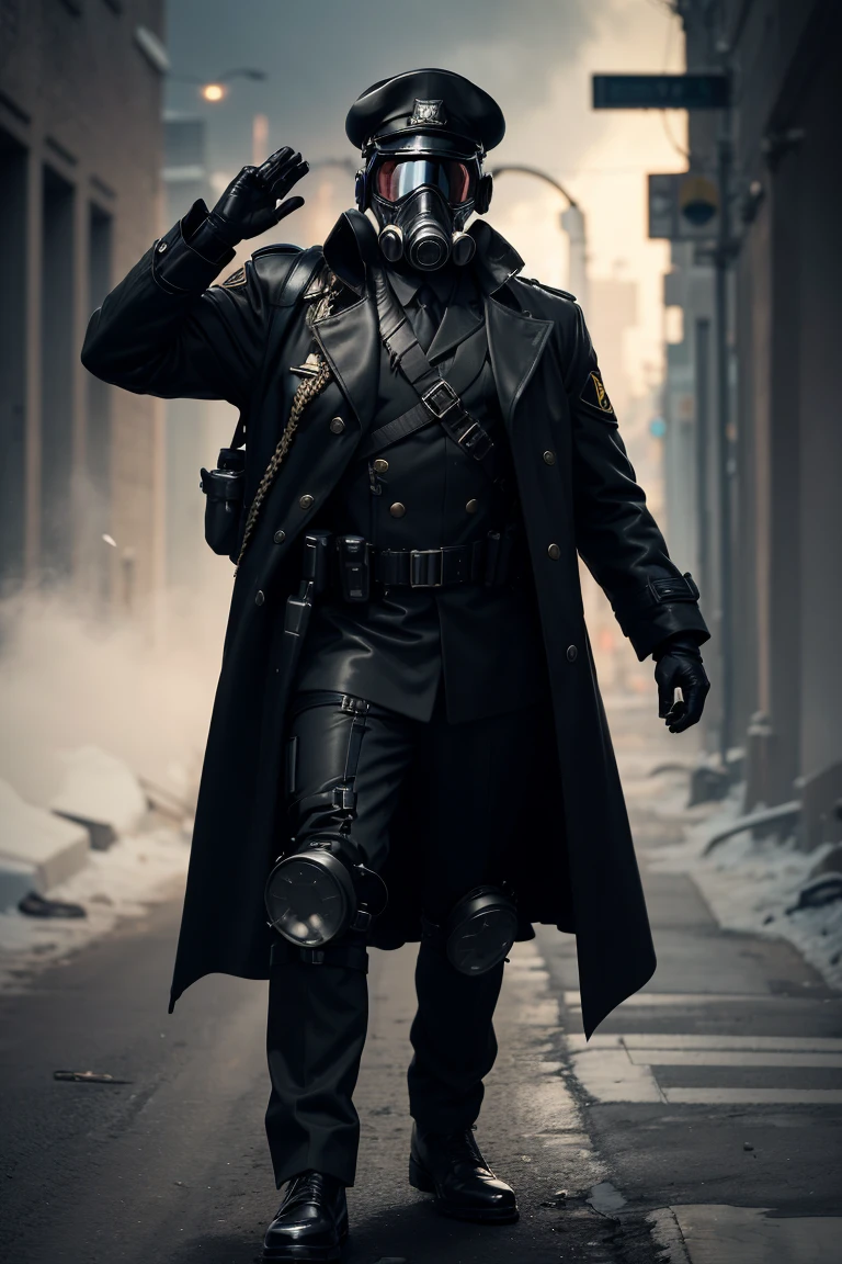 1 man, full body shot of officer, wearing black trench coat, (gas mask:1.2) and (black captain cap:1.3), (metal shoulder straps: 1.2), black leather gloves, proud, tall, (free hands:1,1),