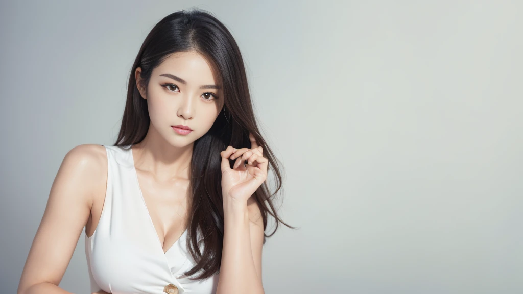 (masterpiece:1.3), (8K, Realistic, RAW Photos, Highest quality: 1.4), Japanese, (1 Girl),Age 25, Beautiful Face, (Realistic Face), (Black Hair, Long Hair:1.3), Beautiful hairstyle, Realistic eyes, Beautiful Eyes, Beautiful Eyes, (Realistic Skin), Beautiful Skin, Charm, Ultra High resolution, High resolution, Portraiture, Golden Ratio, Detail Makeup, Big Breasts, (Shoulder look), Cleavage