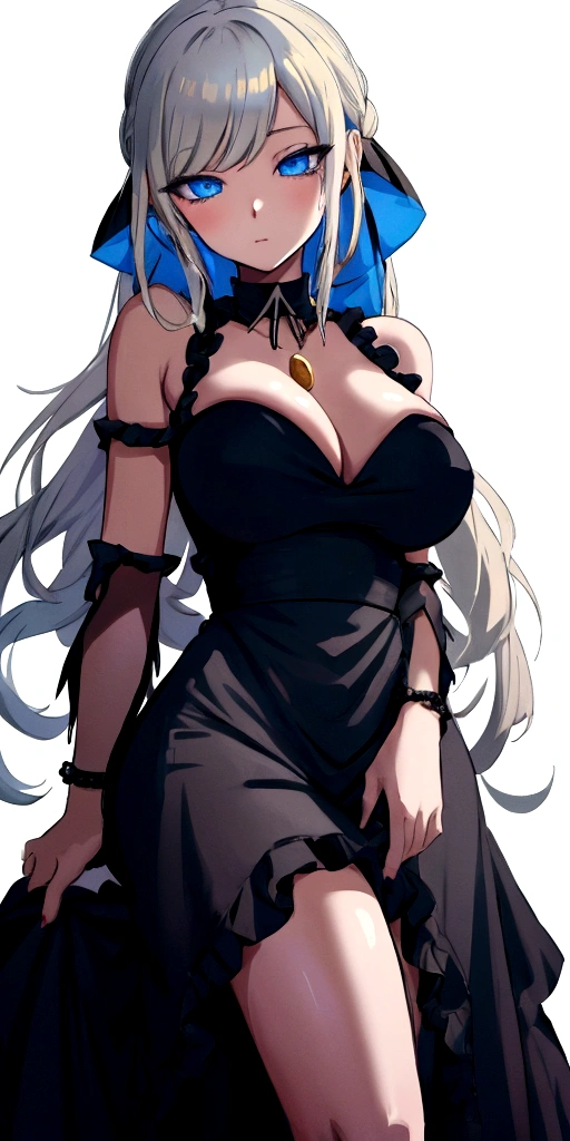 anime girl with blue eyes and a black dress posing for the camera, seductive anime girl,  in dress, , beautiful anime girl, , triple D cup , beautiful anime woman, beautiful alluring anime woman, blonde anime girl with long hair, anime girl wearing a black dress, guweiz on pixiv artstation, detailed digital anime art, top rated on pixiv
