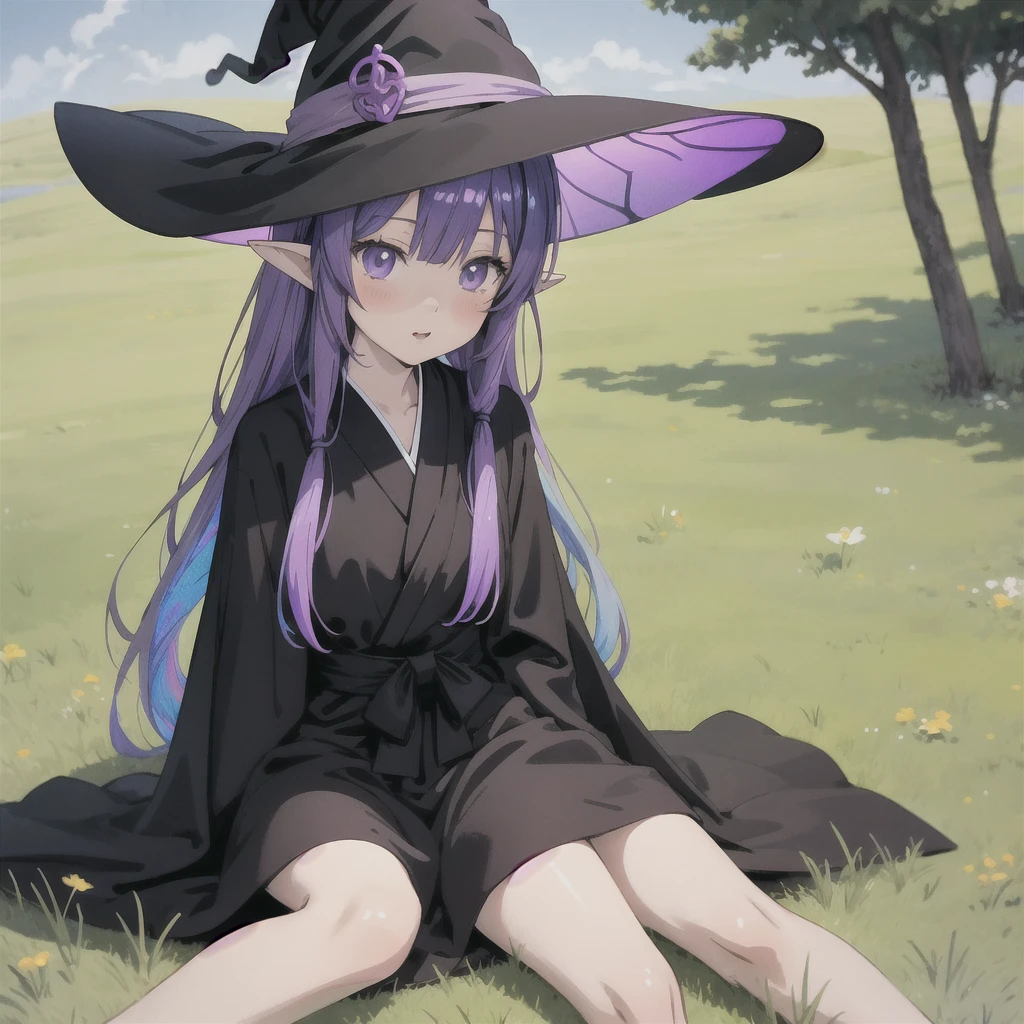 anime girl long purple hair wearing a black Robe. she has pointy ears. Witch Hat. Manga kawaii. iridescent ,An illustration, 0ne person .Sitting in the grass, hair blowing in the wind