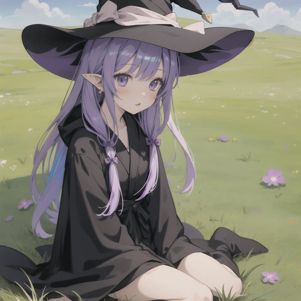 anime girl long purple hair wearing a black Robe. she has pointy ears. Witch Hat. Manga kawaii. iridescent ,An illustration, 0ne person .Sitting in the grass, hair blowing in the wind