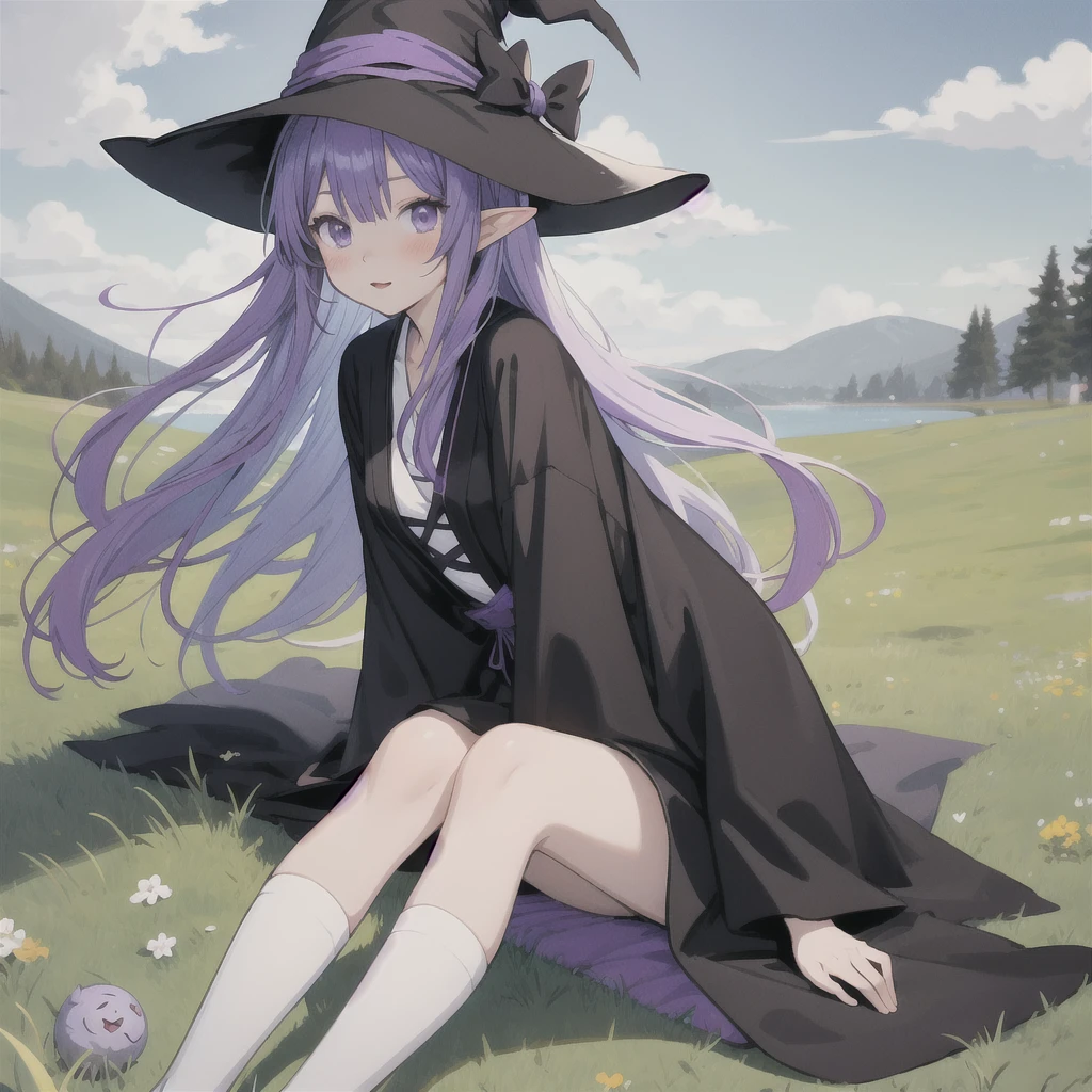 anime girl long purple hair wearing a black Robe. she has pointy ears. Witch Hat. Manga kawaii. iridescent ,An illustration, 0ne person .Sitting in the grass, hair blowing in the wind