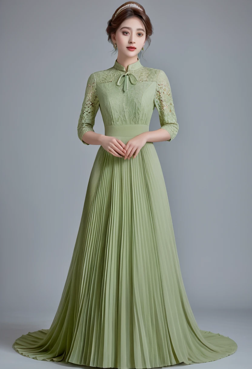 ((High-quality work)), the lines are clear and concise, the green dress and the beautiful pleated lace complement each other, which enriches the layering of the whole picture, the graceful Edwardian lace dress and the princess skirt add a lot to the character, the gesture with the back of the hand behind , It also shows the gentle and elegant side of women.