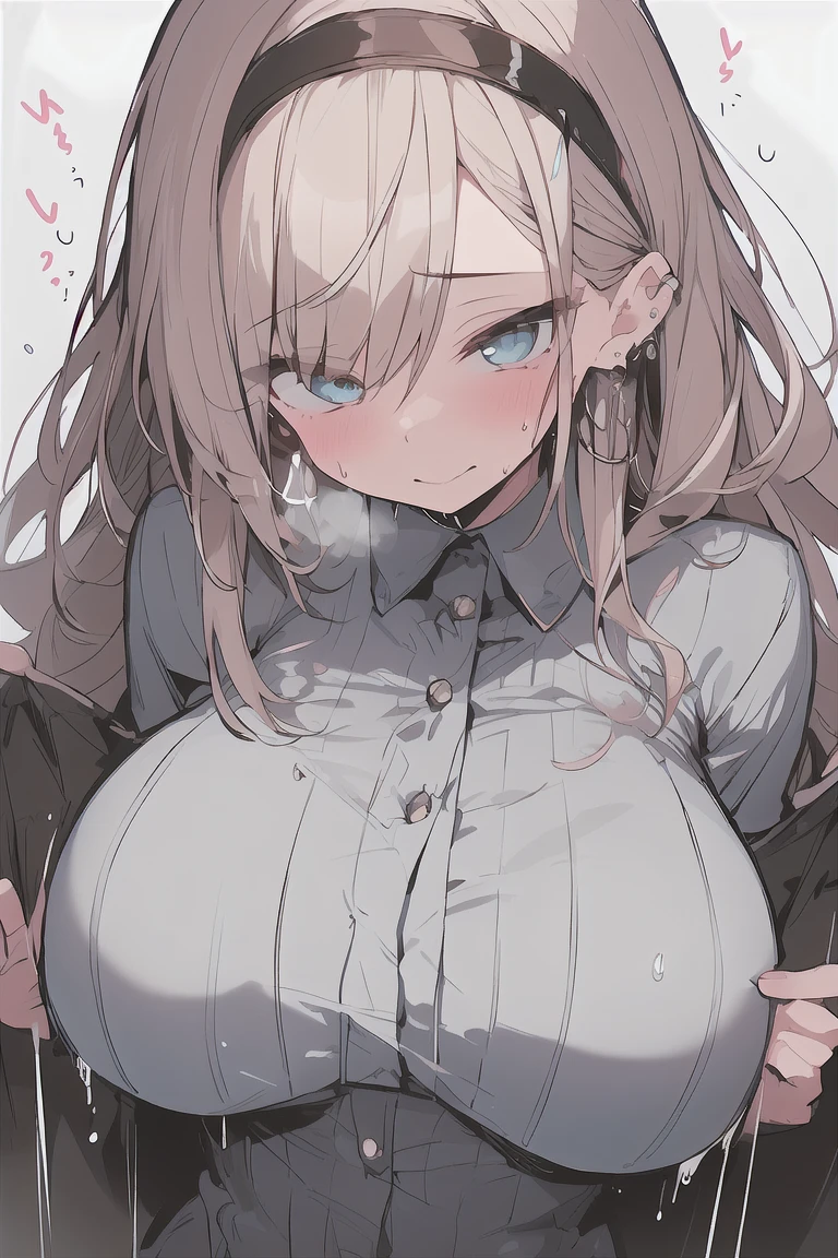 (best quality), (Super detailed), (Best Illustration), (masterpiece), score_9, score_8_up, score_7_up, 4k, (nsfw), high contrast, (1woman), (Ahegao:1.2), look at viewer, (flower pattern shirt), (Big Breasts:1.2), {brown hair, (bob cut:1.2), curly hair, hairs between eyes}, {(detailed eyes), heart-shaped pupils, blue eyes}, sweat, steam, girl trembling with sexual climax,earrings, white hairband