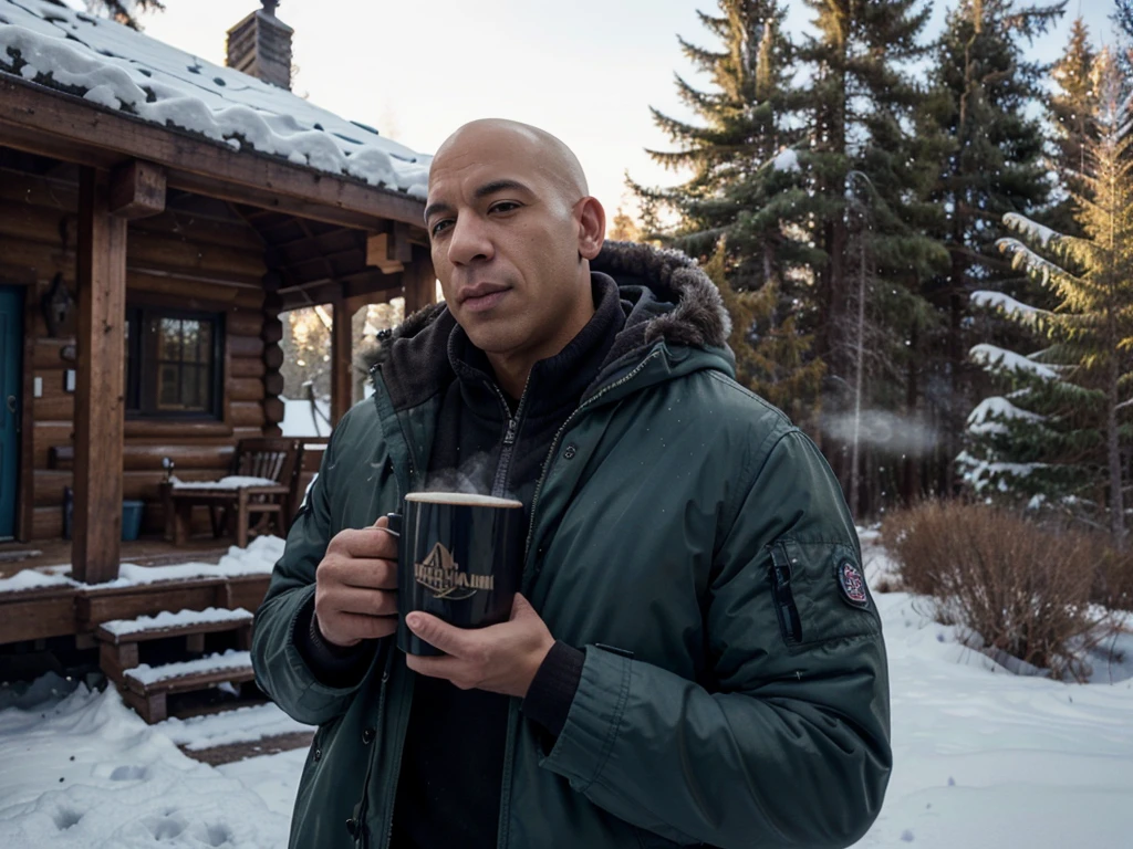A bald man in a blue parka jacket, resembling Vin Diesel, standing outside a log cabin on a cold morning, holding a steaming cup of coffee. The model is also wearing a military jacket. The image is a detailed portrait with a close-up shot, capturing the motivational vibe of enjoying a morning coffee in chilly weather. The scene is reminiscent of a cinematic edit with detailed effects typically seen in TV shows or Instagram posts.