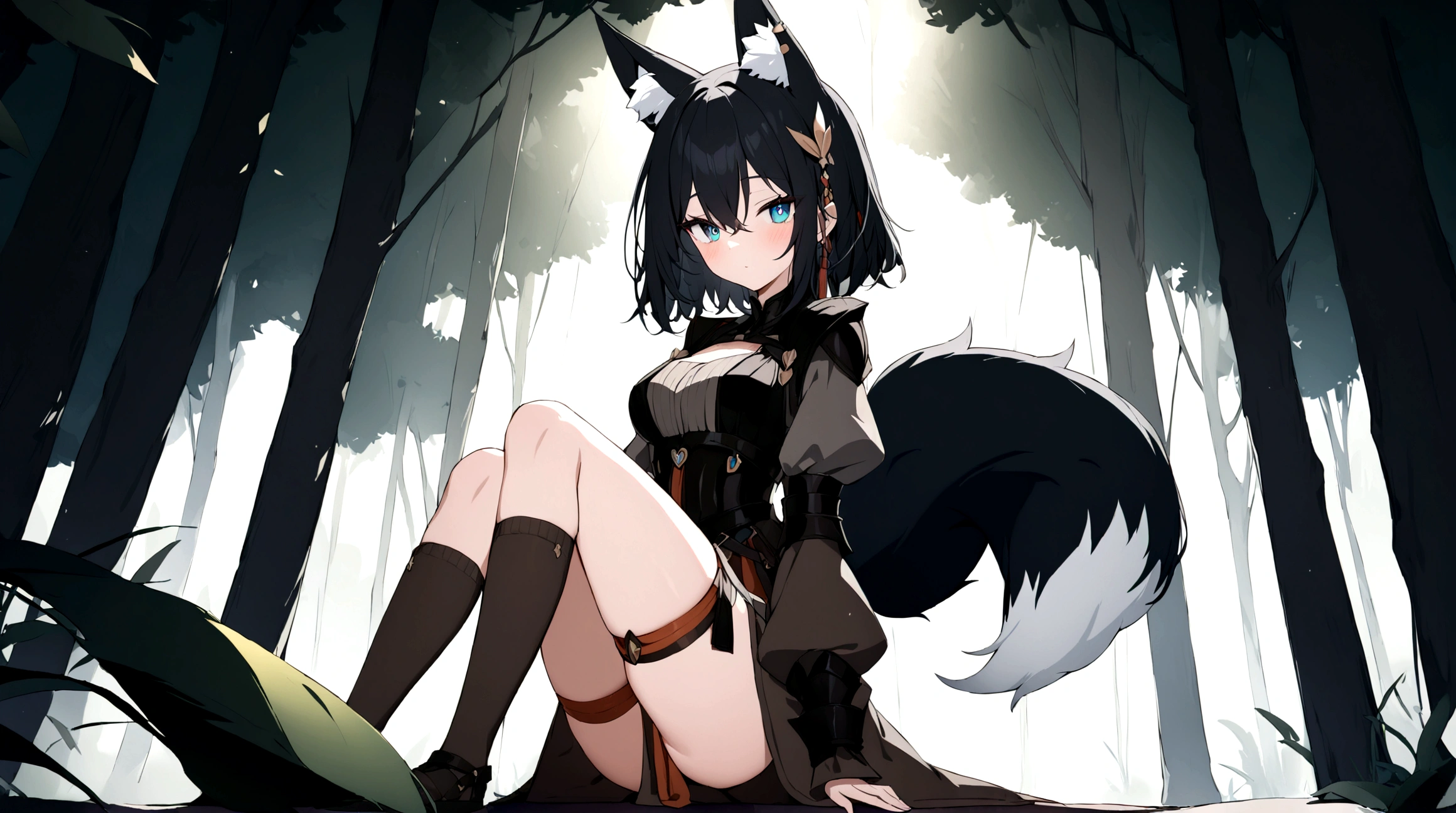 (1girl, Masterpiece, best quality) (detailed and beautiful eyes:1.6) (perfect hands, perfect anatomy) (full body)) (Mature) (Adult) Fox-girl Misaki has ((short black hair)), (Fox-ears). (She wears a black fantasy medieval adventurer armor) ((She has a **one** black fluffly fox tail.)) She wearing a long brown trousers with armored knees. She has over-to-knee socks.
