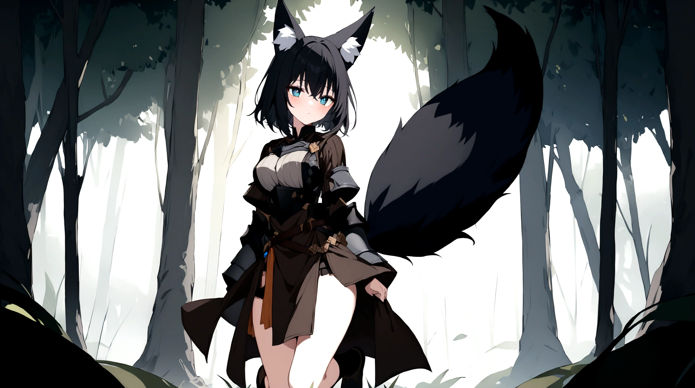 (1girl, Masterpiece, best quality) (detailed and beautiful eyes:1.6) (perfect hands, perfect anatomy) (full body)) (Mature) (Adult) Fox-girl Misaki has ((short black hair)), (Fox-ears). (She wears a black fantasy medieval adventurer armor) ((She has a **one** black fluffly fox tail.)) She wearing a long brown trousers with armored knees. She has over-to-knee socks.
