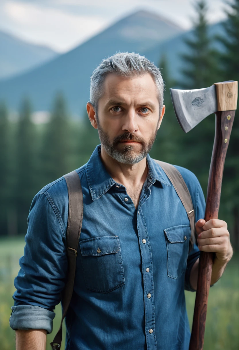 (masterpiece) best of quality, Extremely detailed, Surreal, 40-year-old male, Sharp eyes, The average person, Strong, Short beard and gray hair, Lumberjack shirt and baggy jeans, (wielding an axe: 1.3) , Cool blue tones, Country houses in the background，Sometimes there is also some vegetation, Dynamic Angle, High-resolution display, Realistic lighting and shadows, thrilling.  