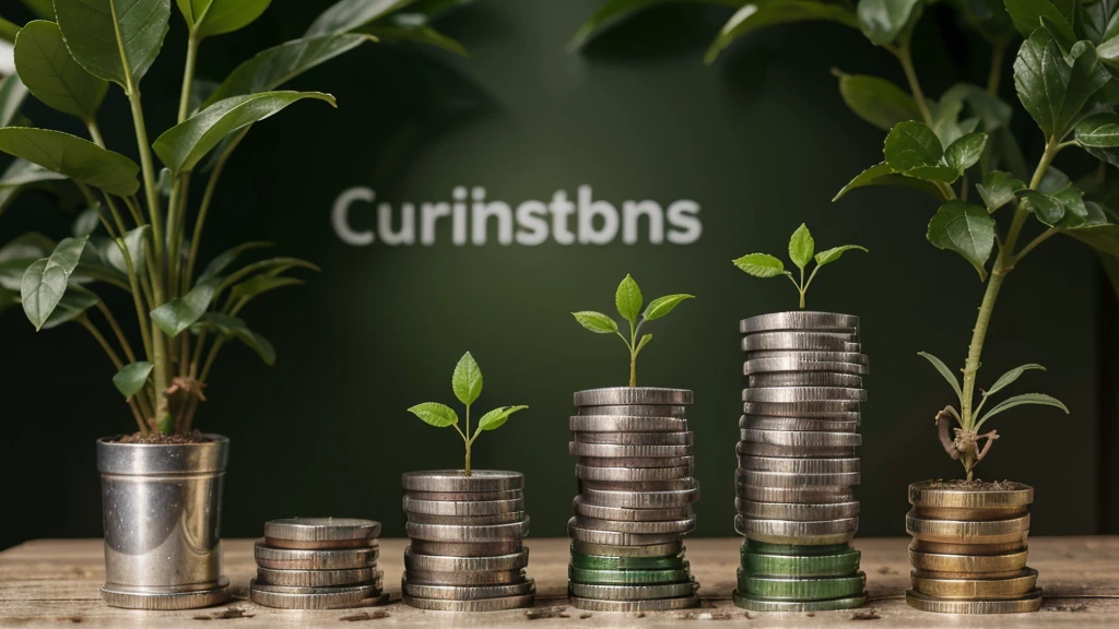 Green business concept, finance and investment for sustainability and carbon credit. Green Globe with icon and stack of silver coins the seedlings are growing on top. ESG, co2 and green tax.