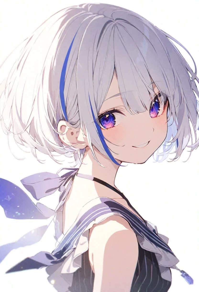 (muste piece), (best quality), very detailed eyes, expressive eyes, perfect face, very detailed face, highly detailed face, beautiful girl, 8K, beautiful girl, white background, delicate and beautiful face and eyes, dark intense shadow, 
1 girl, vtuber style, cool girl, hololive,  amane kanata, streaked hair, short hair, swimsuit, small chest, cropped shoulders, clavicle, from side, looking at viewer, smile, (whole body), standing,