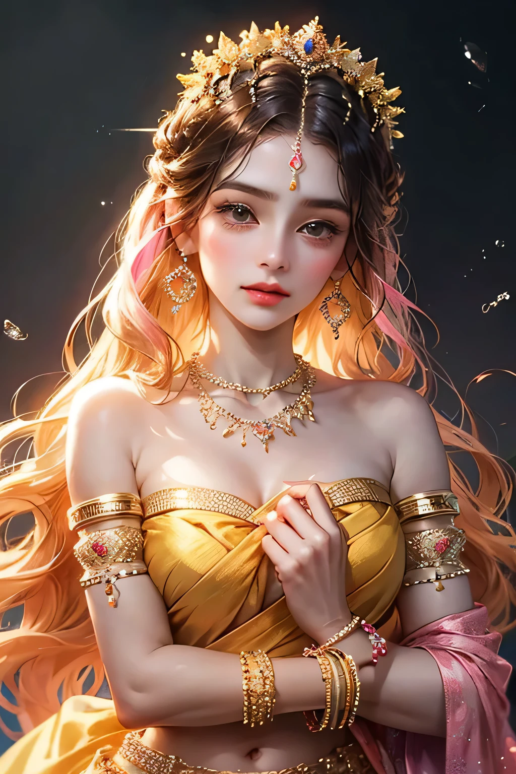Goddess, very beautiful, animated style, closeup shot, anime in a yellow and pink combination indian saree, long black wavy hair untied, head jewellery, head clips, head chains, head tiara, necklace, long and beautiful earings, armlets, bangles and bracelets, rings, pleasant expression, bright big black eyes, holding a flower, natural beauty, vibrant colors, dreamy, northern light, pink bubble, romantic, soft lighting, vintage aesthetic