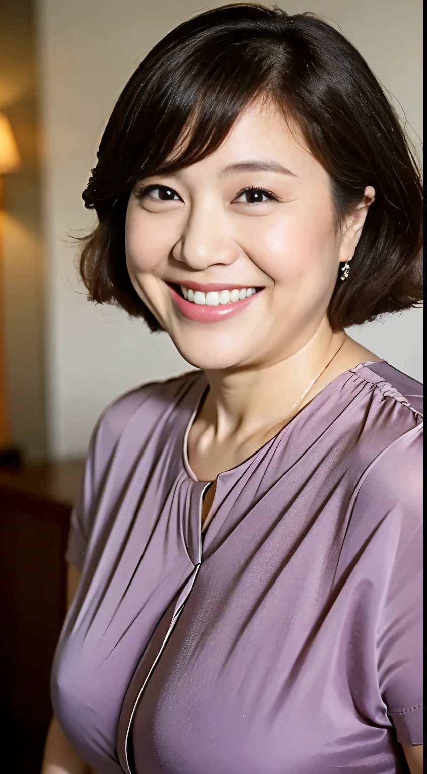 super high quality, Background Blur, In a hotel room, gravure, Look forward, 55 years old, ,Fat belly,Very plump, From the chest up, masterpiece, Highest quality, Very detailed, Realistic, Ultra-dense skin, Perfect Anatomy, Plump Mature Woman, Wrinkles around the eyes, , Big Breasts, In underwear, A shy toothy smile, Chubby, Glamour, sexy, Pure white skin, Looking at the audience,