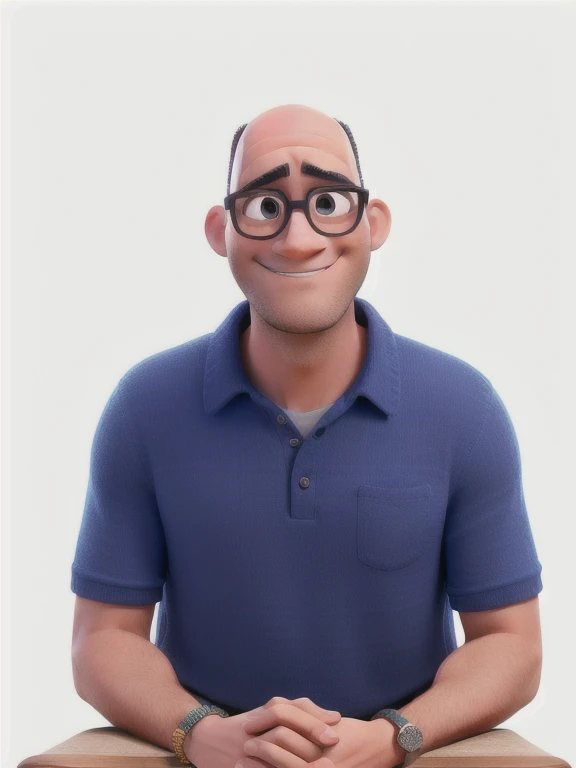 a man disney pixar style, high qualiy, best qualityer, wearing blue blouse, brown skin, a little bald head, Black glasses, kind