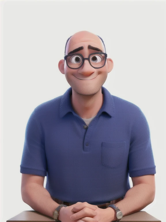 a man disney pixar style, high qualiy, best qualityer, wearing blue blouse, brown skin, a little bald head, Black glasses, kind