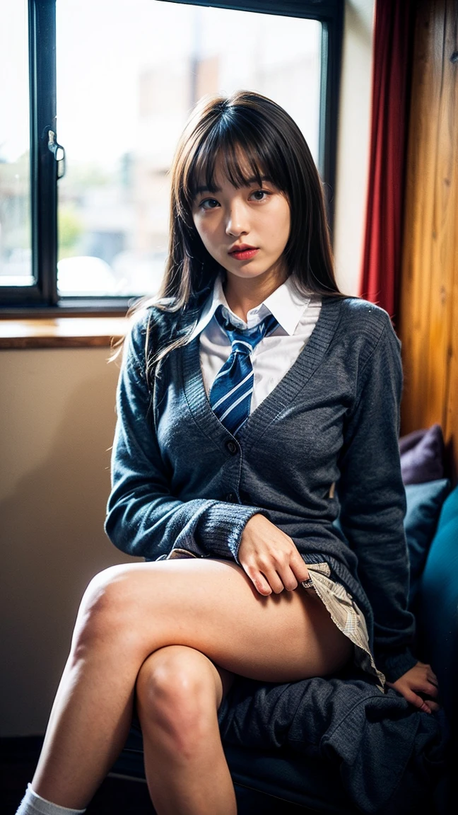 8K、High resolution、masterpiece、(Realistic:1.5)、In detail、Fine texture、High Contrast、alone、high school girl、、Natural body shape、White skin、Natural Makeup、Black Hair、bangs、Straight Long Hair、High School Uniform、Beige cardigan、Roll up your sleeves、White blouse with collar、Blue plaid tie、(Blue plaid pleated skirt)、、Big Breasts、(Small size pure white panties:1.3)、((The upper body is wearing a uniform))、Bedroom、On the bed、(White socks)、Full body photo、Focus on the groin、(Sitting with legs crossed:2)