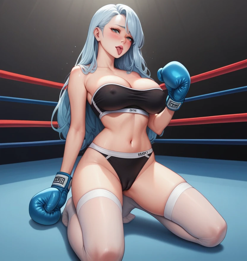 Korean beauty,18 years old,Pretty Face,Good shape,detailed picture, Shy expression,Stick out your tongue, blush,White long hair, Wear a strapless sports bra,miniskirt, Wear black garter stockings, Wearing boxing gloves, Kneeling alone in a sexy pose on the boxing ring,Large Breasts,Cleavage,Long legs,Thin waist,nipple,Camel toe