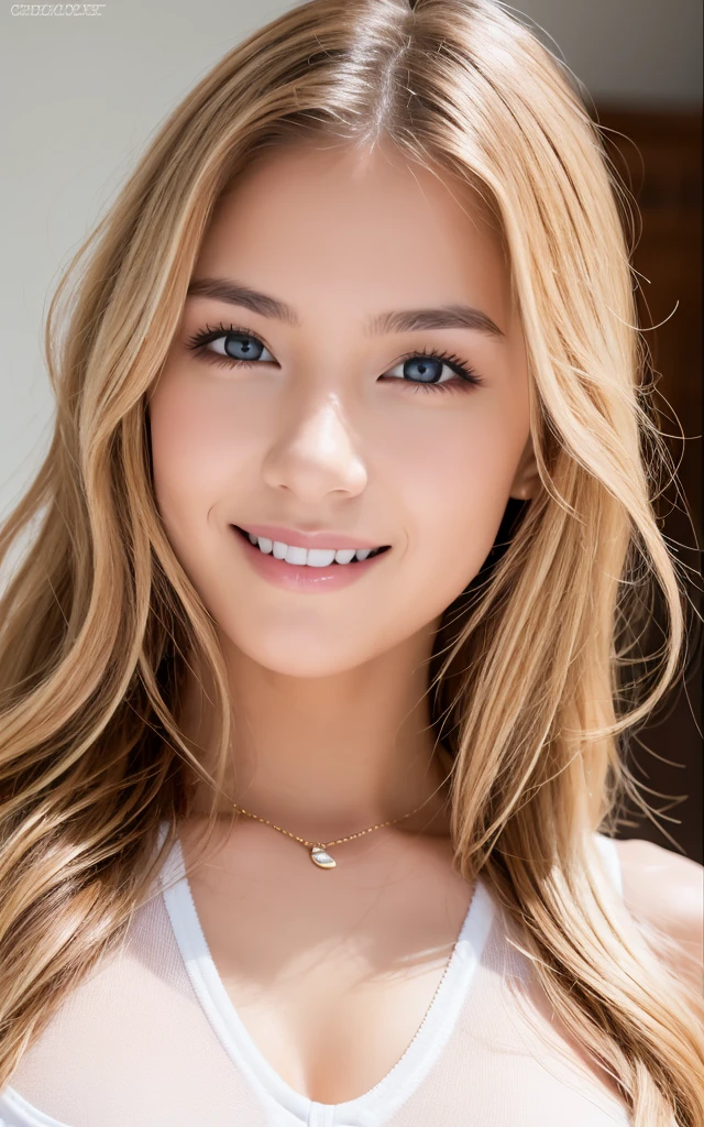 girl, smile, white bodysuit, blonde, blue eyes, Hyper Realistic