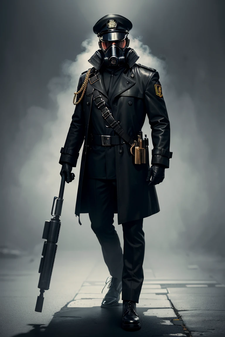 1 man, full body shot of officer, wearing black trench coat, (gas mask:1.1) and (black captain cap:1.2), (metal shoulder straps: 1.2), black leather gloves, proud, tall, (free hands:1,1),