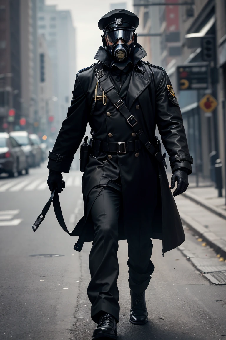 1 man, full body shot of officer, wearing black trench coat, (gas mask:1.1) and (black captain cap:1.2), (metal shoulder straps: 1.2), black leather gloves, proud, tall, (free hands:1,1),