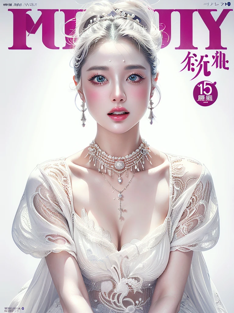White Background、Professional Lighting、(((Professional Lighting 1.5)))、Translucent skin texture、Beautiful Skin、Beautiful Skin、、(((Whitening 1.5)))、White Bra、See-through、、Ecstasy of Musical Notes、((White gorgeous dress 1.5))、See-through1.5、Mid-shot photo、Simple earrings and necklace、(((ファッションMagazine Cover 1.5)))、(((Magazine Cover 1.5)))、white hair、Elegant posing