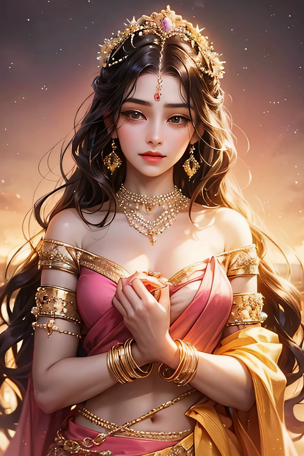 Goddess, very beautiful, animated style, closeup shot, anime in a yellow and pink combination indian saree, long black wavy hair untied, head jewellery, head clips, head chains, head tiara, necklace, long and beautiful earings, armlets, bangles and bracelets, rings, pleasant expression, bright big black eyes, holding a flower, natural beauty, vibrant colors, dreamy, northern light, pink bubble, romantic, soft lighting, vintage aesthetic