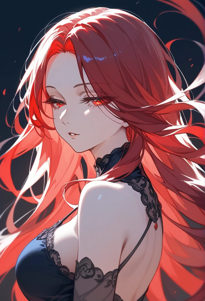 masterpiece, Score_9, Score_8_up, Score_7_up, rear view, 1 woman, alone, black and red hair, long straight hair, long parted bangs, golden and red eyes, slanted half-closed eyes, parted lips, expressionless, pale skin, large breasts, top body, upper body
Long open bangs, with a mole under the mouth,No bangs, layered hair.