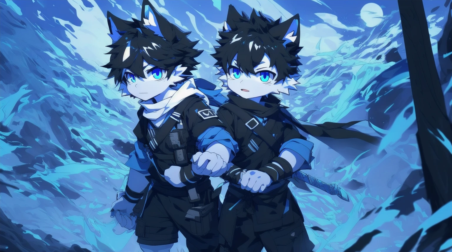 White Wolf,black hair,Sky blue eyes,hairy,Wolf ears,Wolf tail,Full body portrait,The character is in the center of the frame,Handsome,Confident eye***but,juvenile,Black and white combat uniform,Red neck bib,Black shorts,Short sleeve,hairy arms and legs,Dark background,Dark battlefield,dawn,sunrise,dawn,illumination,shadow,Swordsman,Scabbard and Hold the hilt of a in your hand,The scabbard is at the waist,Highest quality,A tall stature