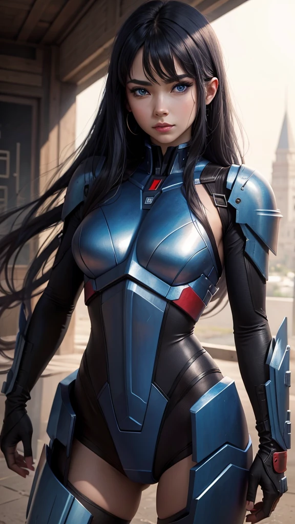 Optimus Prime human woman with long hair and blue eyes