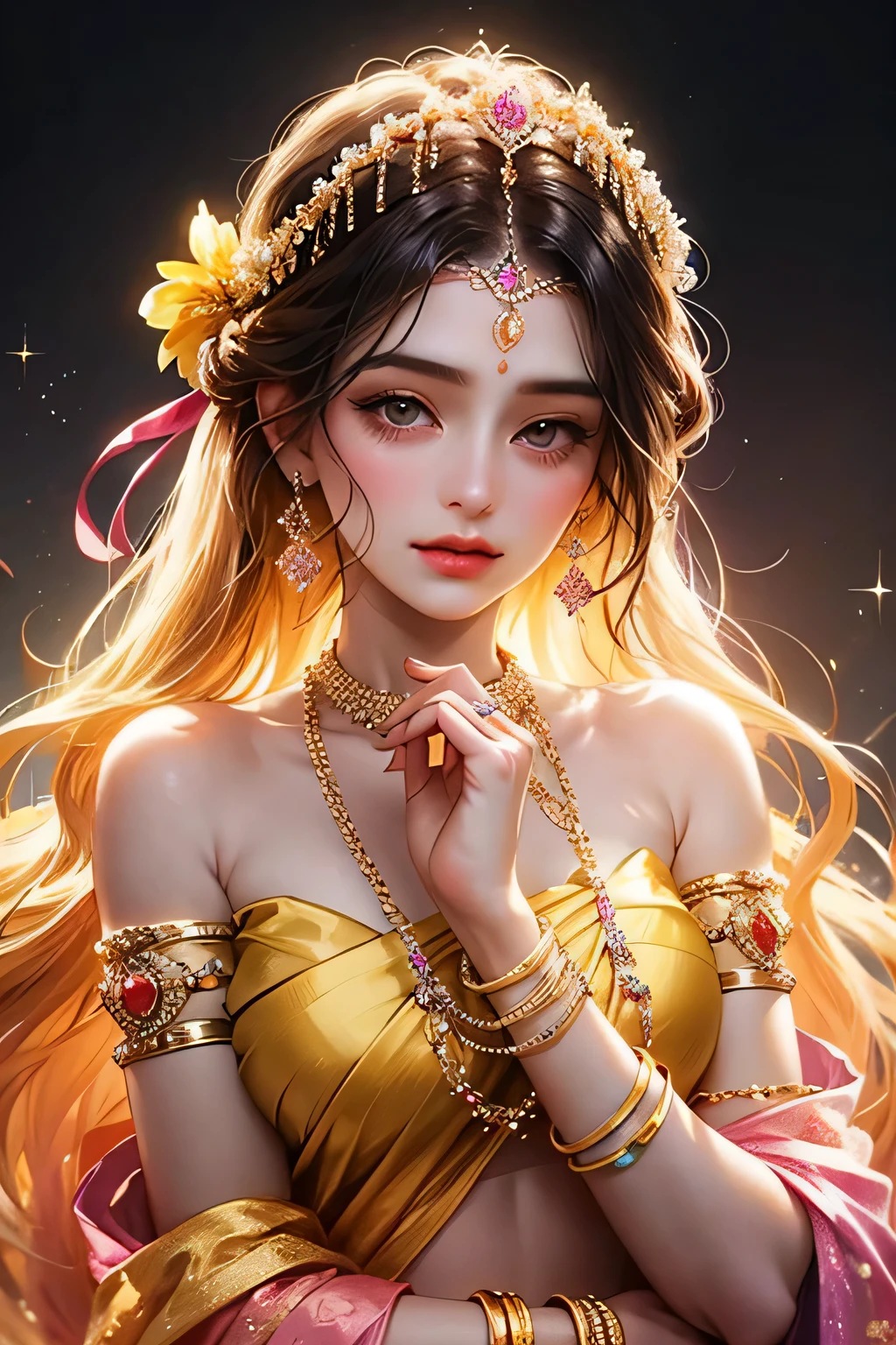 Goddess, very beautiful, animated style, closeup shot, anime in a yellow and pink combination indian saree, long black wavy hair untied, head jewellery, head clips, head chains, head tiara, necklace, long and beautiful earings, armlets, bangles and bracelets, rings, pleasant expression, bright big black eyes, holding a flower, natural beauty, vibrant colors, dreamy, northern light, pink bubble, romantic, soft lighting, vintage aesthetic