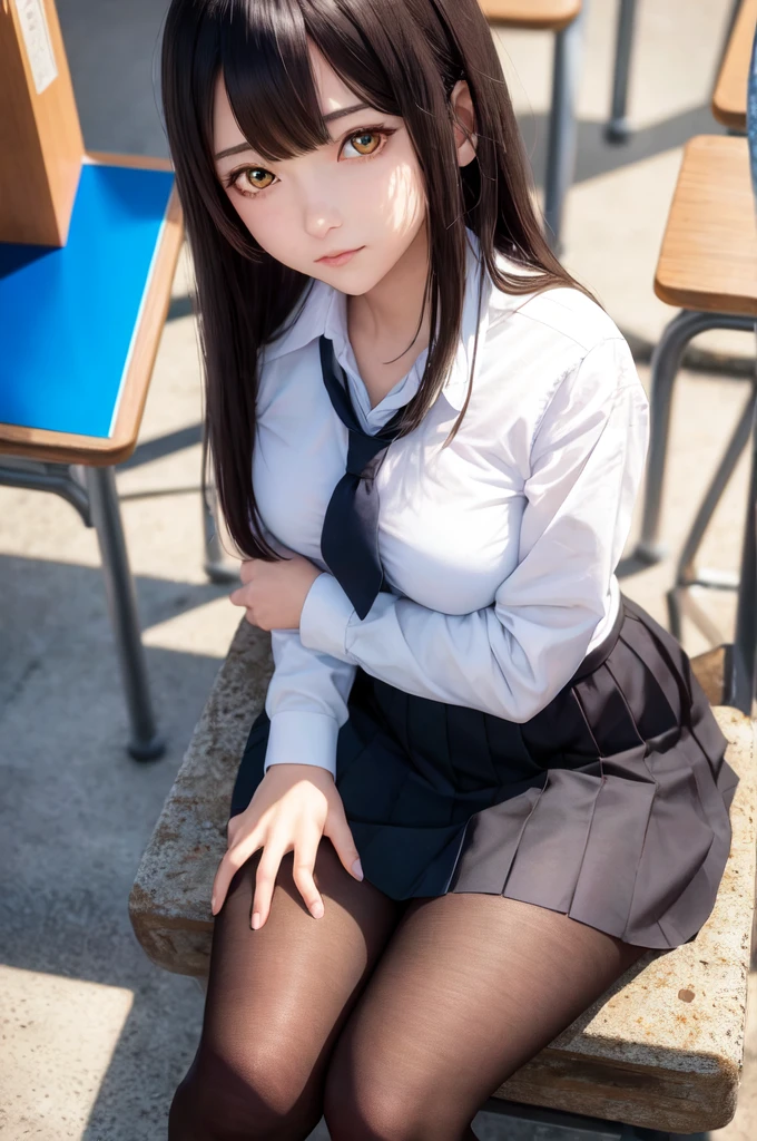 masterpiece, best quality, ultra-detailed, illustration, colorful, falt color, depth of field, lens flare,
1girl, anime, sitting, black hair, looking at viewer,school, classroom, pleated miniskirt , , serafuku, black pantyhose, detailed skin texture, detailed cloth texture, beautiful detailed face,