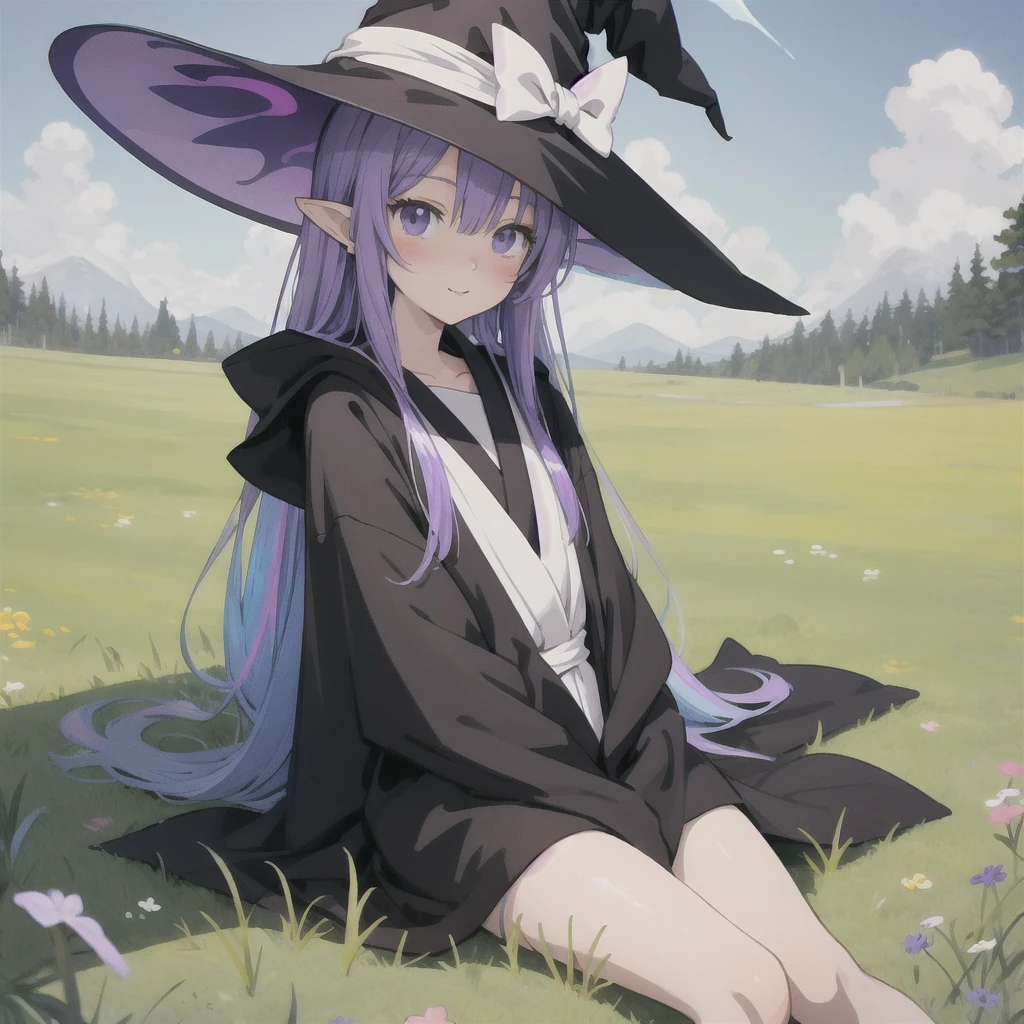 anime girl long purple hair wearing a black Robe. she has pointy ears. Witch Hat. Manga kawaii. iridescent ,An illustration, 0ne person .Sitting in the grass, hair blowing in the wind