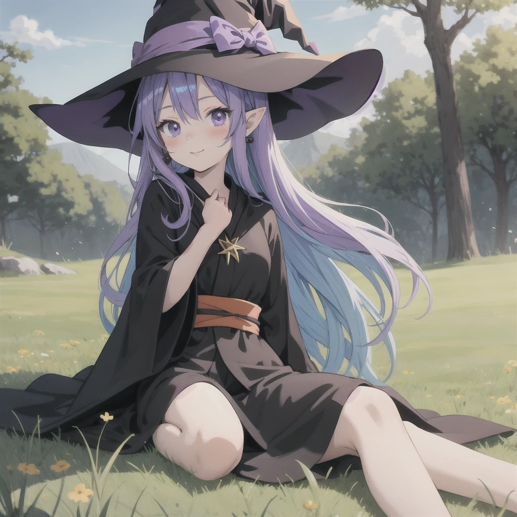 anime girl long purple hair wearing a black Robe. she has pointy ears. Witch Hat. Manga kawaii. iridescent ,An illustration, 0ne person .Sitting in the grass, hair blowing in the wind
