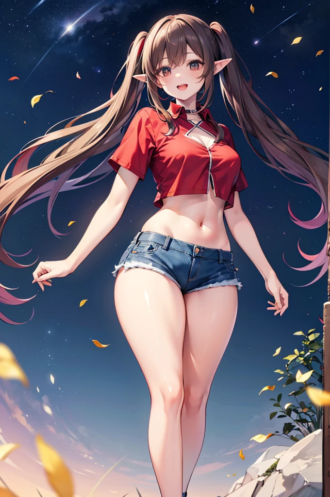 realistic image, coherent image, detailed image, 1 beautiful elf. She has brown hair, long hair with two pigtails. Scarlet eyes, long eyelashes. Her face is oval and delicate. smiling with open mouth. She is wearing a traditional red shirt, with a tangerine collar, showing her navel, jean shorts, sneakers, she has a curvy body, medium breasts and thick thighs. Urban background. starry night, flower petals falling. natural lighting in front, volumetric lighting