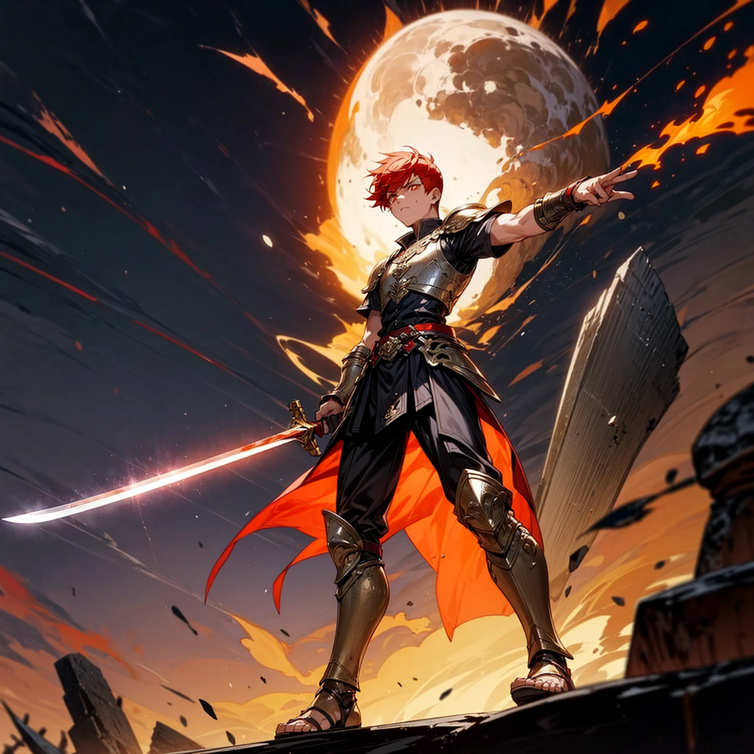 1boy, Full body version, orange eyes, undercut hair, red colour hair, very angry expression, gladiator clothing, short sleeve shirt, gladiator skirt, gold armor body, bodybelt, gladiator sandals, Spatha sword in hand, (battle gesture), Grassroots background in war, Full background, night, moonlight behind, moonlight silhouette, explosion, fire, fire background, blood on face, blood on sword, blood on armor, fire sword, lighting sword, lighting fire