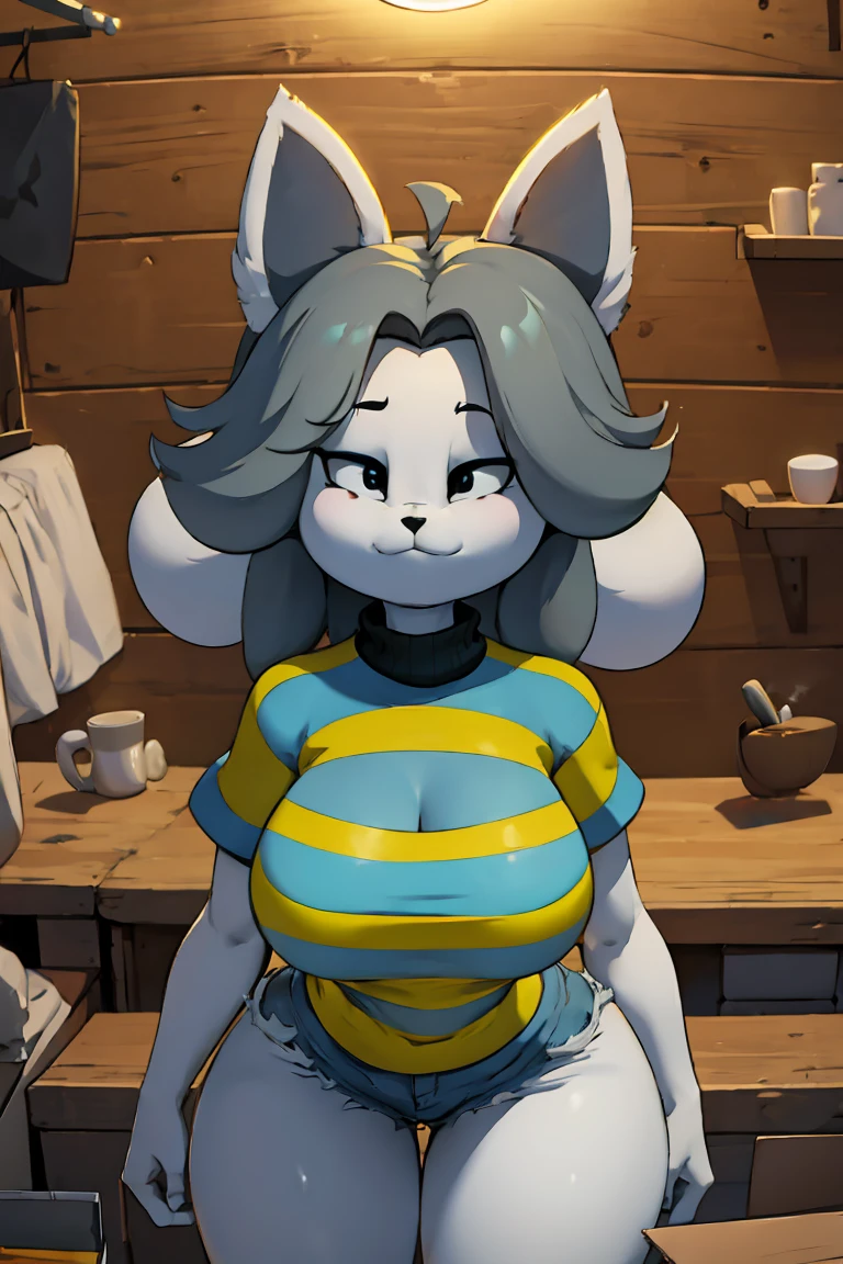 Temmie, cartoon character, grey hair, striped shirt, jean shorts, tall, black spot on eye, detailed, giant, delkz face, 4k, 8k, high resolution, masterpiece, ultra-detailed, realistic, photorealistic, HDR, UHD, studio lighting, ultra-fine painting, sharp focus, physically-based rendering, extreme detail description, professional, vivid colors, bokeh, character design, pose, fantasy, tail.