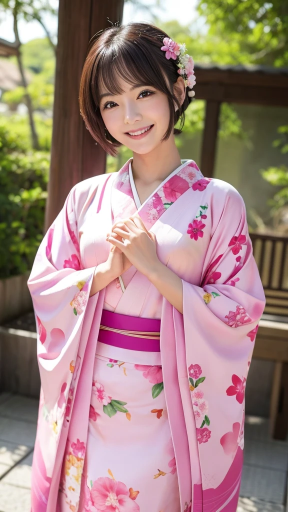 pink、kimono、Bob Hair、pinkの髪、Front facing、She has a heart jewel on her chest、Smiling a little