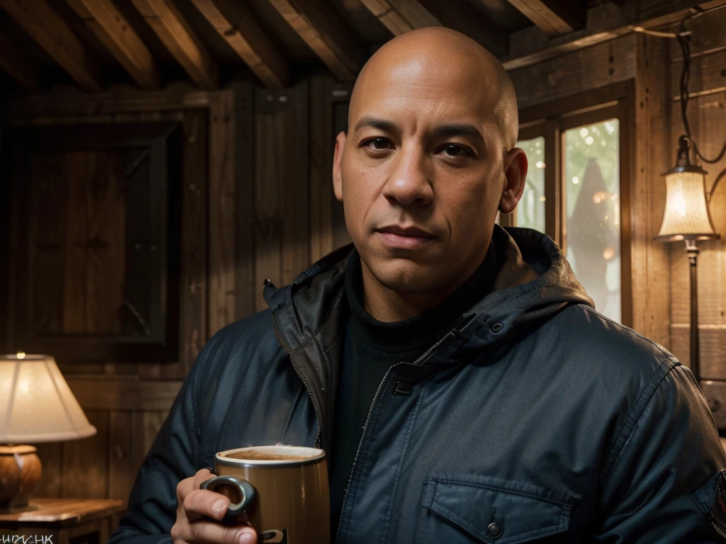 a bald man in a blue parka jacket, vin diesel, standing outside a log cabin on a cold morning, holding a steaming cup of coffee, military jacket, detailed portrait, close-up shot, motivational, cinematic edit, detailed effects, tv show, instagram, (best quality,4k,8k,highres,masterpiece:1.2),ultra-detailed,(realistic,photorealistic,photo-realistic:1.37),HDR,UHD,studio lighting,ultra-fine painting,sharp focus,physically-based rendering,extreme detail description,professional,vivid colors,bokeh,portrait