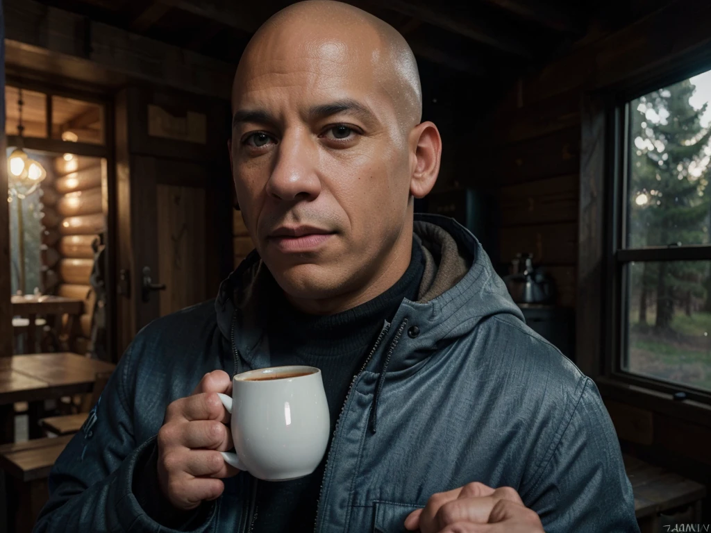 a bald man in a blue parka jacket, vin diesel, standing outside a log cabin on a cold morning, holding a steaming cup of coffee, military jacket, detailed portrait, close-up shot, motivational, cinematic edit, detailed effects, tv show, instagram, (best quality,4k,8k,highres,masterpiece:1.2),ultra-detailed,(realistic,photorealistic,photo-realistic:1.37),HDR,UHD,studio lighting,ultra-fine painting,sharp focus,physically-based rendering,extreme detail description,professional,vivid colors,bokeh,portrait