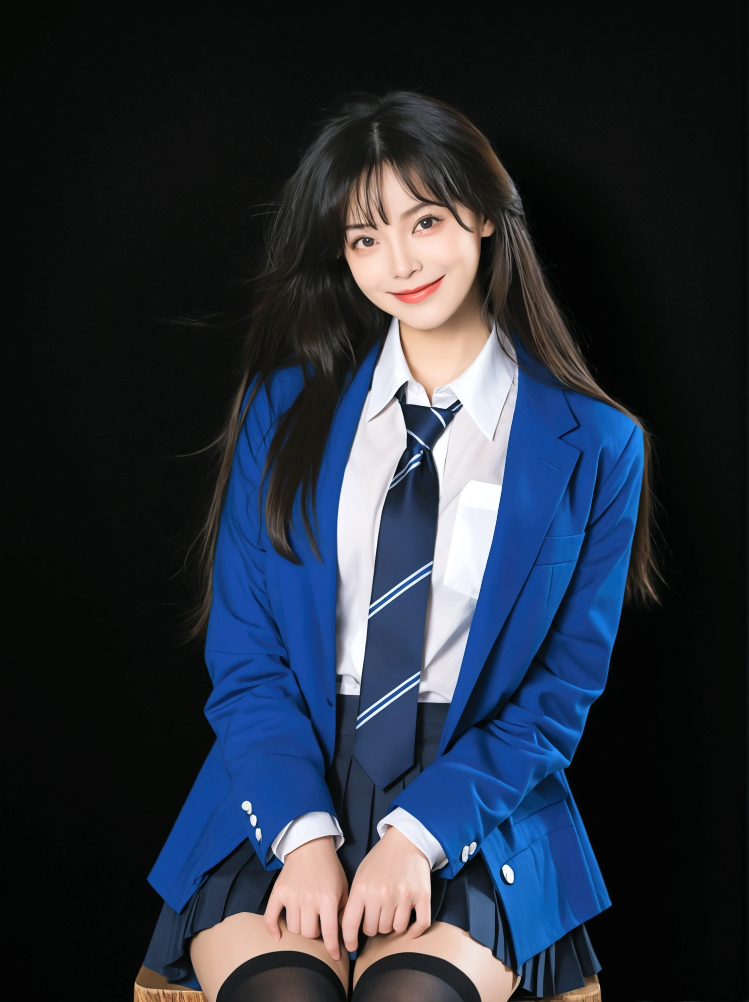1girl, solo, long hair, looking at viewer, smile, skirt, simple background, shirt, black hair, thighhighs, jacket, white shirt, necktie, blue skirt, formal, blue jacket, black background, index finger raised